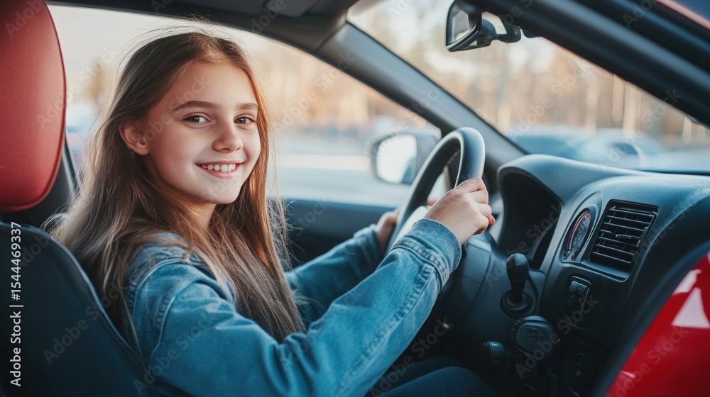 Happy teenage girl in the driver seat of a red training car, gripping the steering wheel during a driving school session, learning the basics of vehicle control and traffic rules. Happy teenage girl in the driver seat of a red training car, gripping the steering wheel during a driving school session, learning the basics of vehicle control and traffic rules.