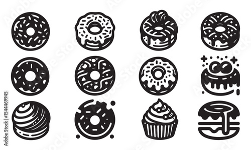 Donut silhouette icon set line art vector illustration 
