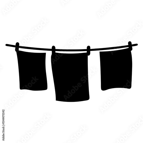 Black silhouette of laundry line with clothes and clothespins, simple design