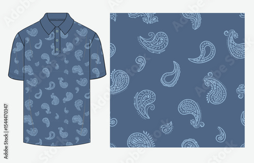 Timeless paisley repeat pattern featuring clean outlines on a solid blue background. Ideal for men’s polo shirts, fabric prints, wallpaper, and surface design