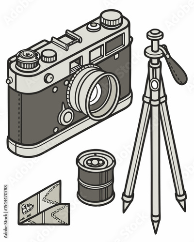 Retro Photography Equipment Illustration – Vintage Camera, Tripod, Film Roll & Prints Vector
