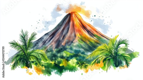 Soufrière Volcano. Soufrière Volcano hand drawn watercolor illustration