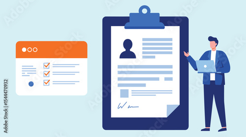  Professional Man with Laptop and Clipboard: Completing Checklist, Online Form, Digital Application, and Important Documents for Efficient Business Tasks