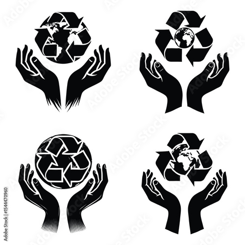 Four variations of recycling globe silhouette in hands
