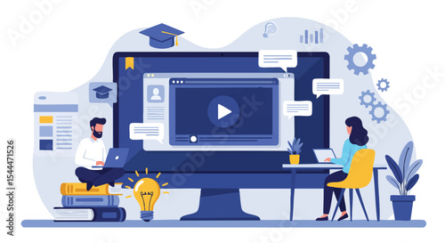 Remote Study Setup Modern Flat Vector Illustration, Collaborative E-Learning