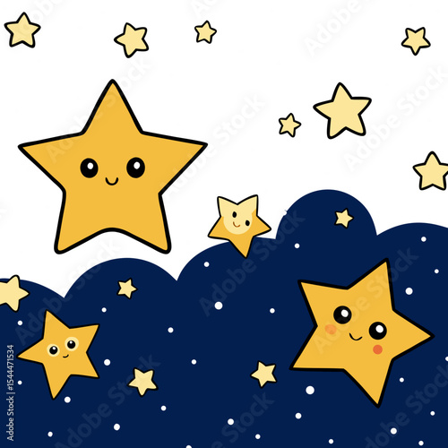 Cute yellow stars with happy faces on a whimsical night sky background