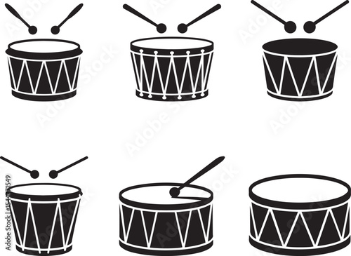 Six black and white drum icons with sticks. eps-10
