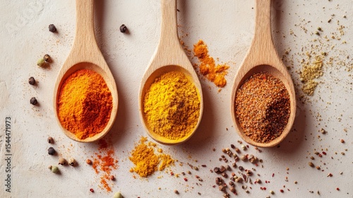 Fototapeta Naklejka Na Ścianę i Meble -  Colorful spices in wooden spoons showcasing vibrant flavors and textures for culinary inspiration