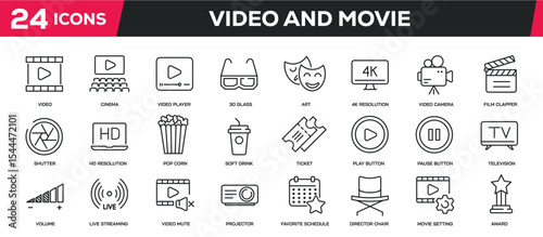 Set of collection line icons related video, movie, cinema. Editable stroke. Perfect pixel on transparent background