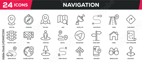 Set of collection line icons related navigation, map pin, gps, location. Editable stroke. Perfect pixel on transparent background