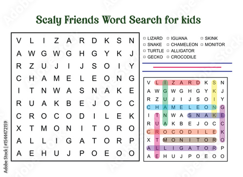 Scaly Friends Word Search Puzzle for Kids with Answer Key