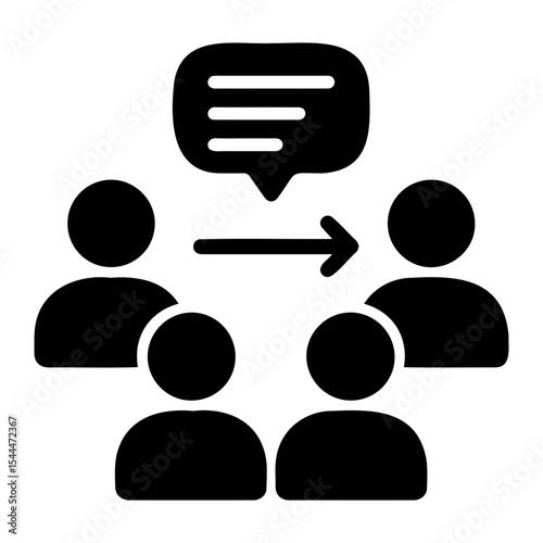 Illustration of a speech bubble with horizontal lines pointing to a group of people in black on transparent background
