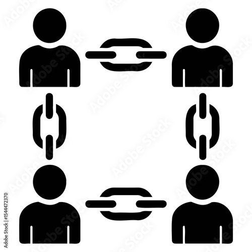 Illustration of four figures connected by chains forming a square network structure design on transparent background