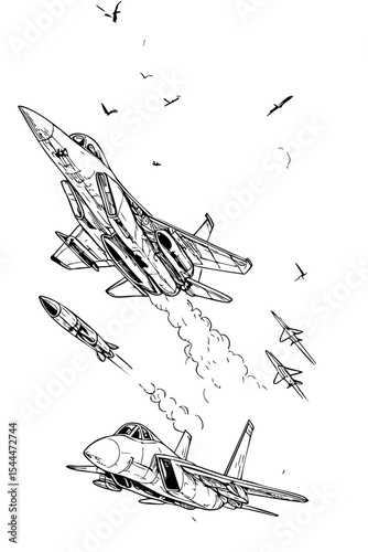 Fighter Jets in Aerial Maneuver – Military Aircraft Line Art Illustration

