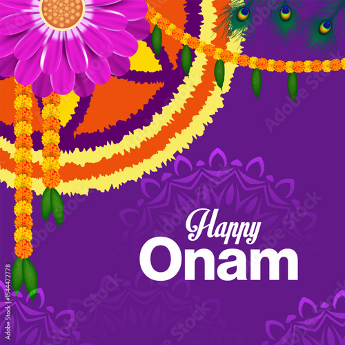 Happy Onam Festival Background – Traditional Kerala Celebration Vector Design with Colorful Kathakali Face, Festive Elements, and Cultural Art for Posters, Banners, and Social Media Greetings