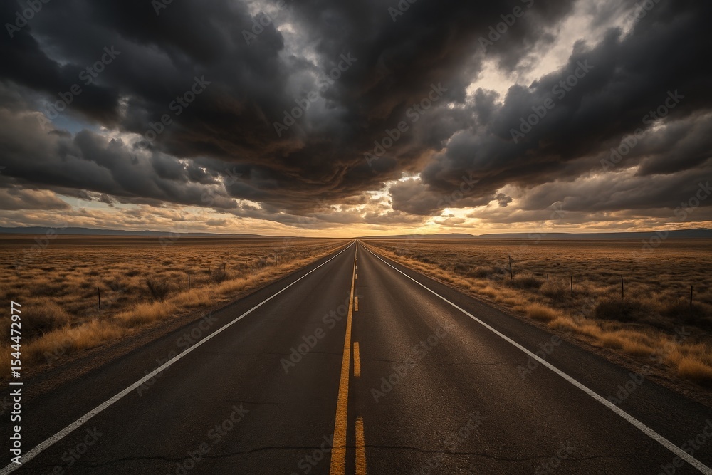 Fototapeta premium Empty Asphalt Road Stretching Toward the Horizon in Dramatic Scene