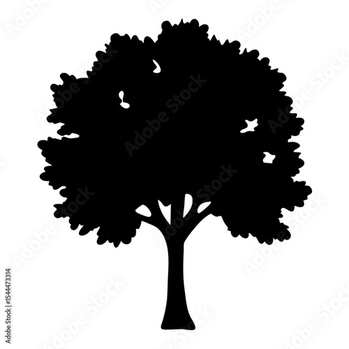 Monochrome silhouette of a leafy tree against a stark white background