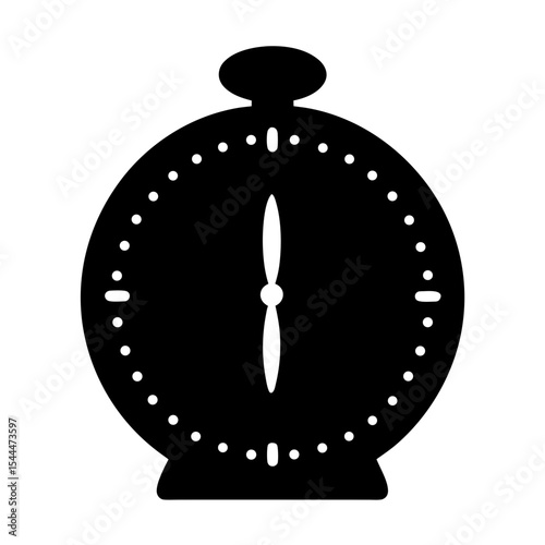 A black and white silhouette of an analog alarm clock symbol