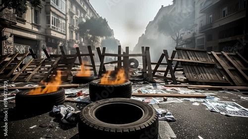 Protest scene in an urban street barricades burning tires and debris