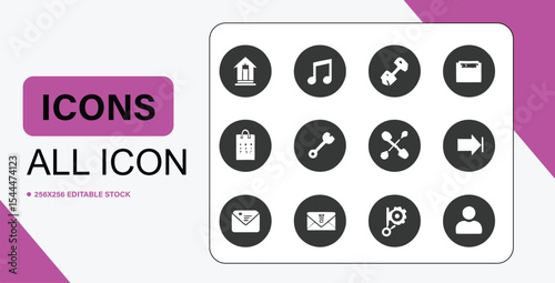 Collection of twelve diverse black and white vector icons in rounded squares