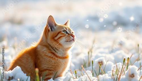 Ginger tabby cat batting snowflakes in snowy meadow, soft sunlight, ginger, cold
