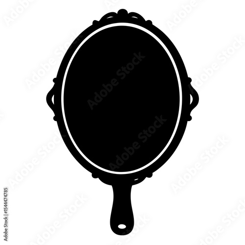 Elegant antique hand mirror with ornate frame in solid black silhouette