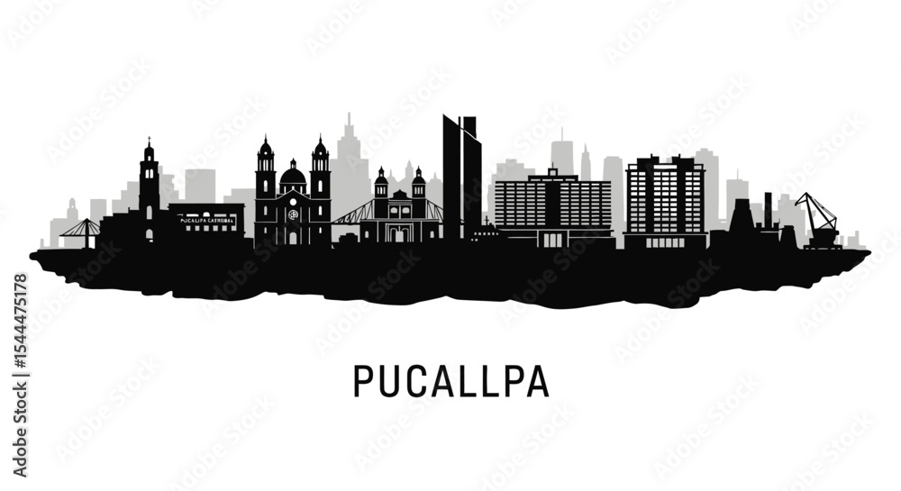 Fototapeta premium Pucallpa with Peru Skyline Cityscape Silhouette.
