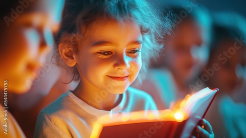 A vibrant digital art illustration of a child happily reading a book in a brightly lit, modern classroom, surrounded by other eager students, with a glowing light emanating from the book, symbolizing