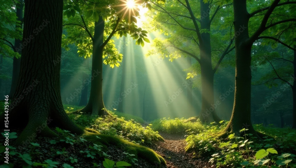 Obraz premium Sunbeams pierce dense forest canopy, dappled light on leaves, forest floor, golden hour