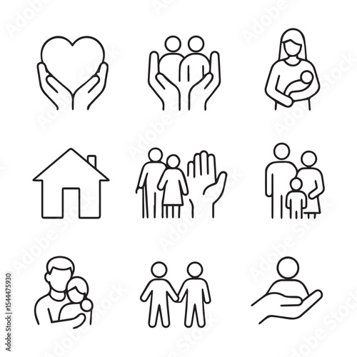 PrintFamily Care Line Icon Set – Parenting, Support, Love, and Home Vector Symbols

