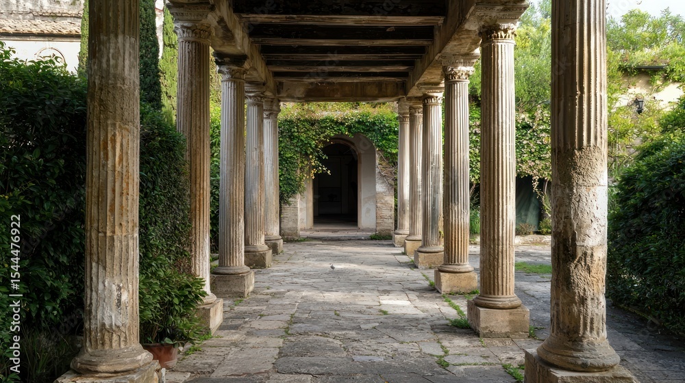 Naklejka premium Ancient Roman stone columns and archway in a garden setting.