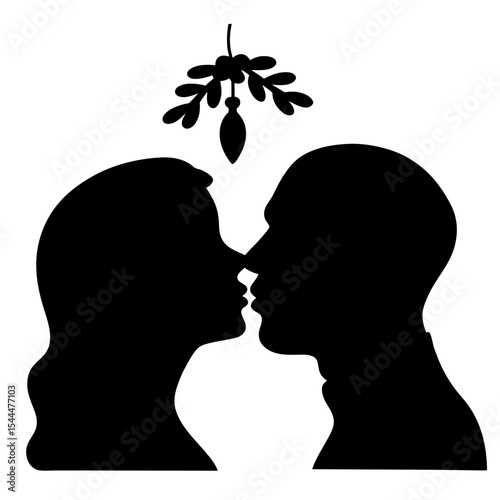 Silhouette of Couple Kissing Under Mistletoe, Romantic Holiday Gesture Illustration