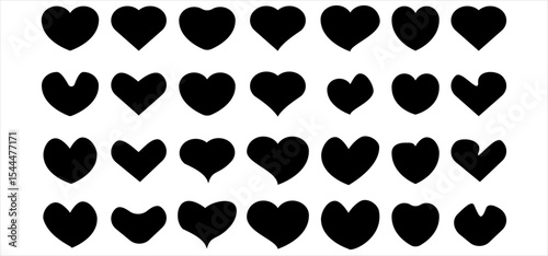 heart set in black colour, love hearts icon vector. black heart in set of 28 vector image on white background. red hearts icon set vector. Various simple  vector hearts love icon. Heart collection.