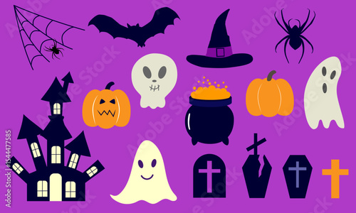 A bright and mystical set of elements for Halloween.Icons for postcards, banners, posters, and stickers.Vector graphics