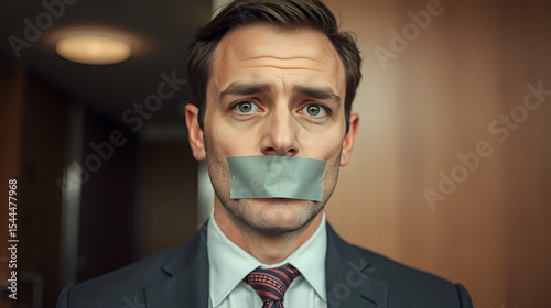 Muted Expression: Businessman Silenced with Adhesive Tape Across His Mouth