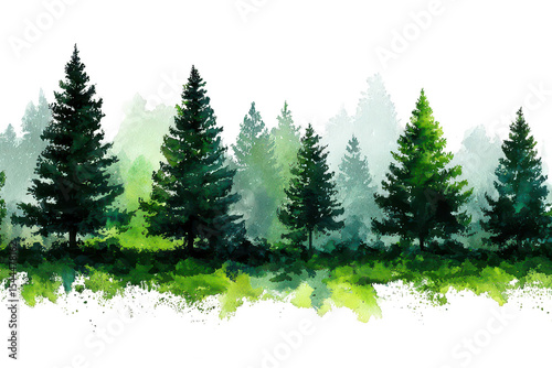 Lush forest scene, misty mountains