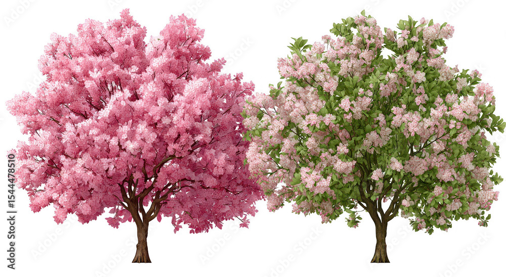 Fototapeta premium Two flowering trees, pink and green