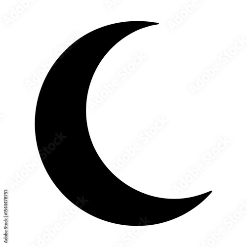 Black crescent moon shape against a white background symbolizing nighttime and celestial themes