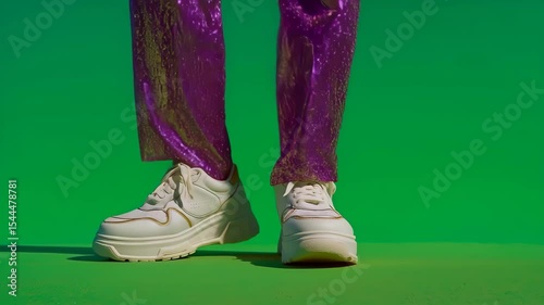 Legs dancing in rhythm at party floor, wearing glitter pants and white shoes