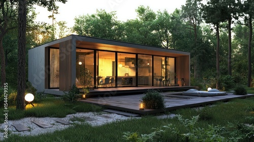 A modern, minimalist house with large windows and a wooden deck in a serene, natural setting with trees and a pond.