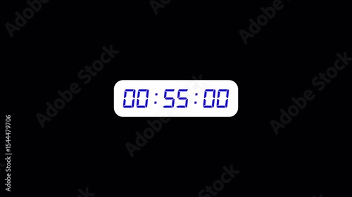 One minute digital countdown timer stopwatch animation from 60 to 0 seconds on transparent background with minutes, seconds, miliseconds, Countdown video with alpha channel.	