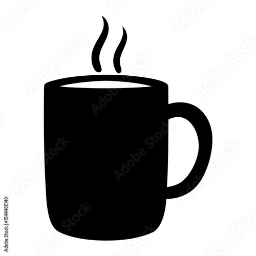 Simple graphic illustration of a steaming black coffee mug on white background