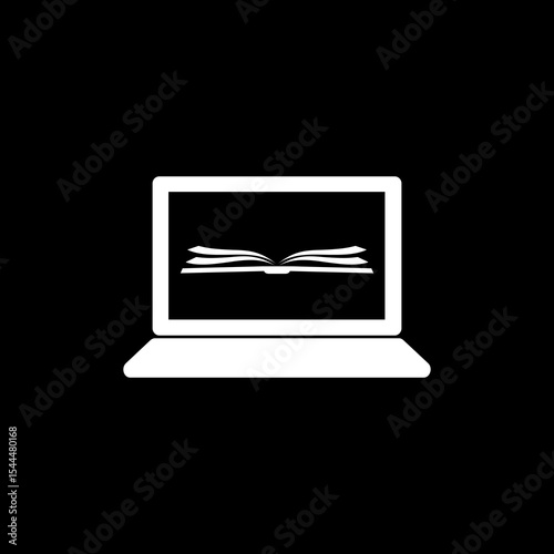 Laptop with open book on screen icon isolated on black background