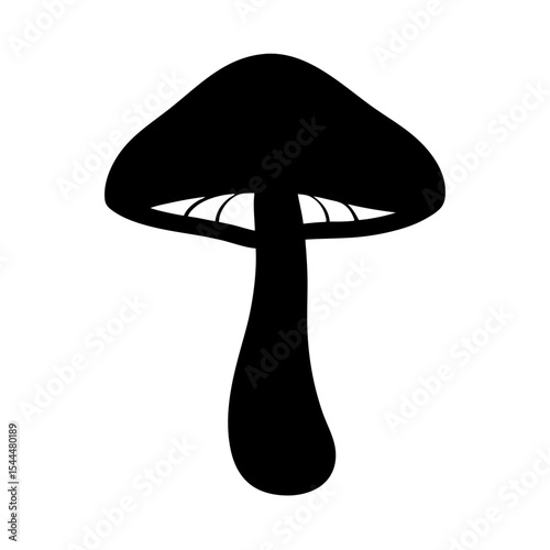 Simple black silhouette of a mushroom with a long curving stem