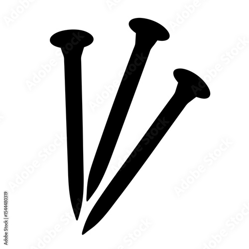 Three black nails are arranged in an overlapping fashion on white