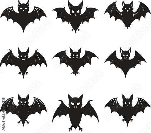 Nine Silhouettes of Bats Ready for Halloween Design