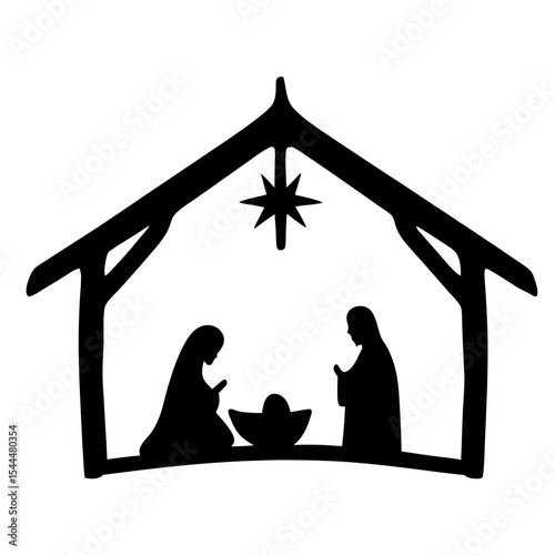 Stylized Nativity Scene Silhouette Depicting Mary, Joseph, and Baby Jesus