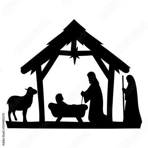 Silhouette of Nativity Scene with Baby Jesus, Mary, Joseph and Sheep