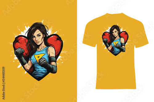 Stylish t-shirt design showcasing a female boxer in red gloves with a heart-themed backdrop. This vibrant graphic conveys energy, determination, and fitness, making it suitable for sports branding and