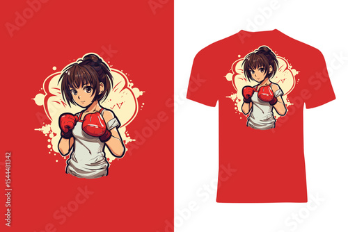 Stylish t-shirt design showcasing a female boxer in red gloves with a heart-themed backdrop. This vibrant graphic conveys energy, determination, and fitness, making it suitable for sports branding and